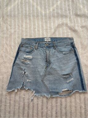 Umgee Light Blue Distressed Denim Mini Skirt with Frayed Hem